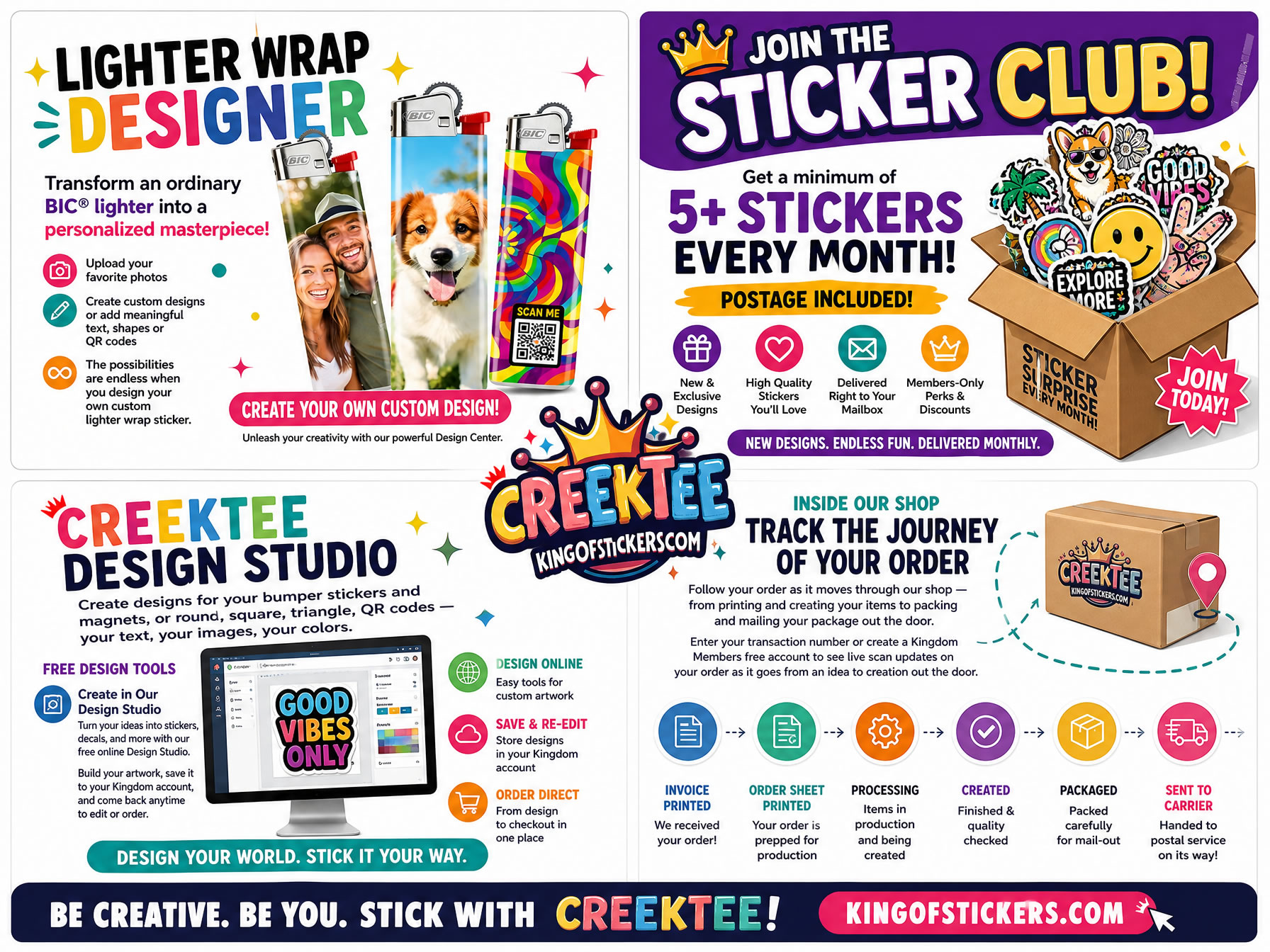 King of Stickers promo — click a section to explore Lighter Wraps, Monthly Sticker Clubs, Design Studio, or Order Status