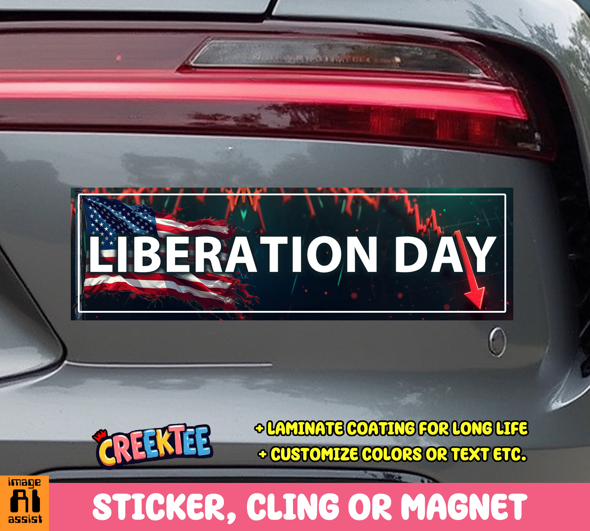 Liberation Day Vinyl Bumper Sticker Window Cling or Magnet in UV Laminate Coating and Various Sizes