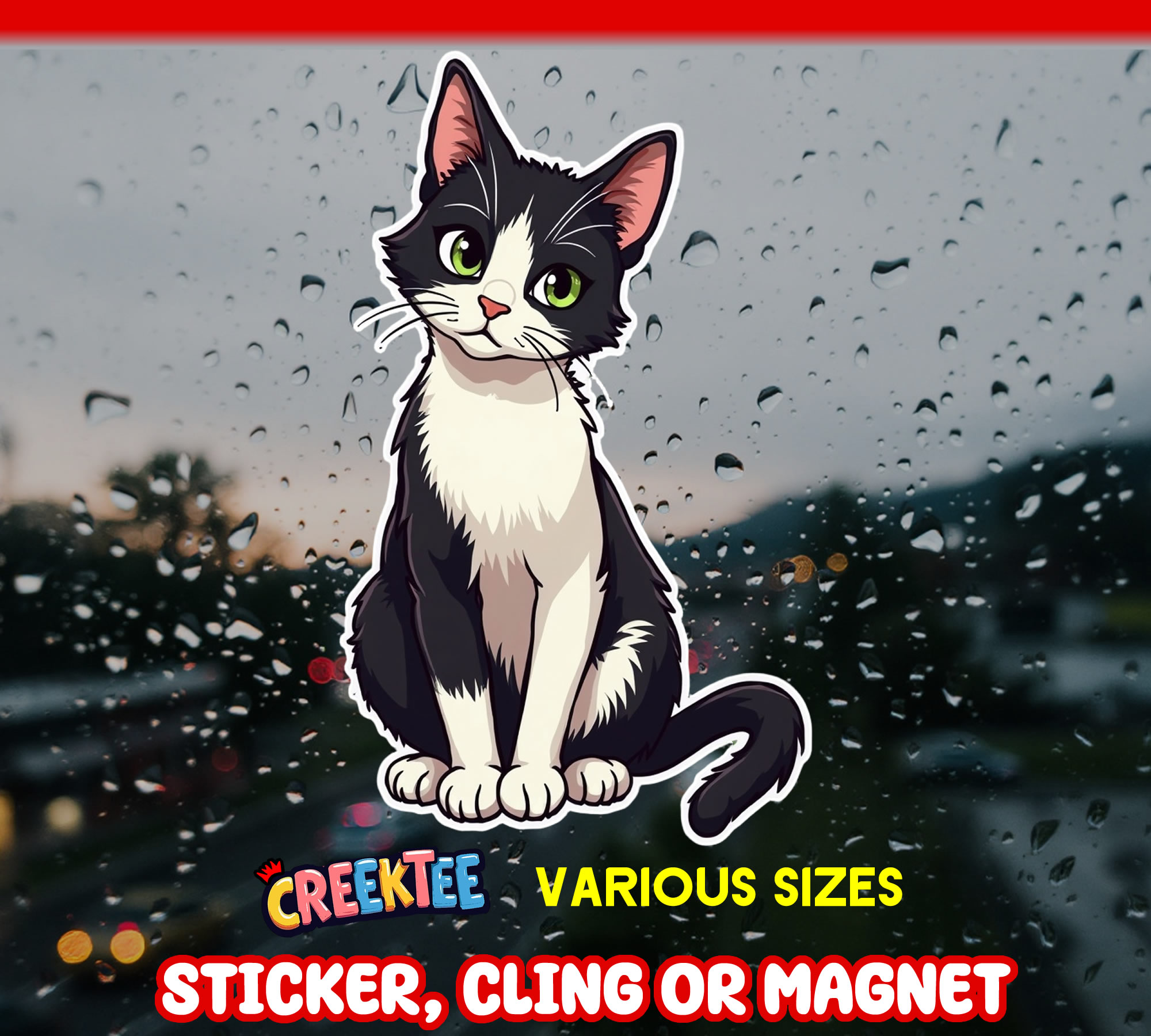Black and White Cat Die Cut Vinyl Sticker Window Cling or Magnet with Laminate Coating in Various Sizes